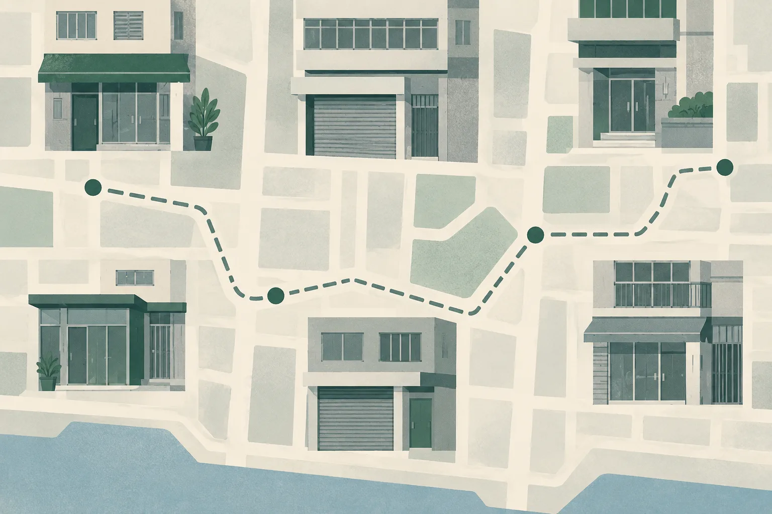 Anonymous low-rise storefront facades sit within a simple district-like grid, crossed by a broken blue route line.