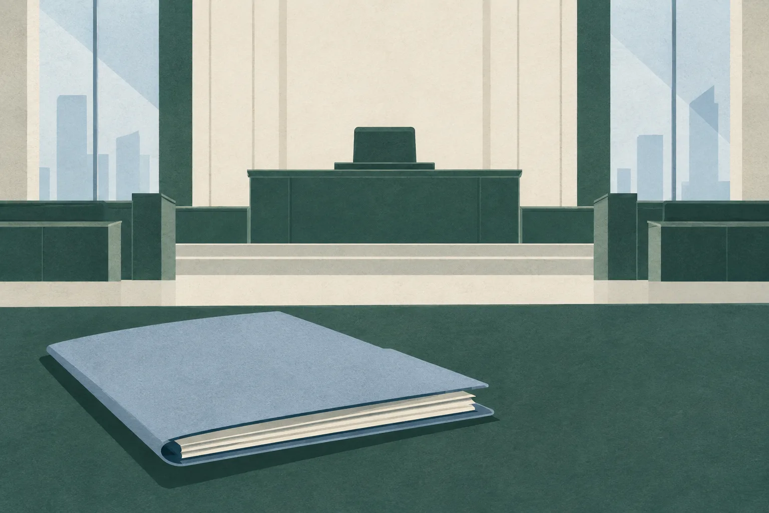 A quiet, empty courtroom formed from pale architectural planes, with a simple bench beyond a broad threshold and a closed file in the foreground.