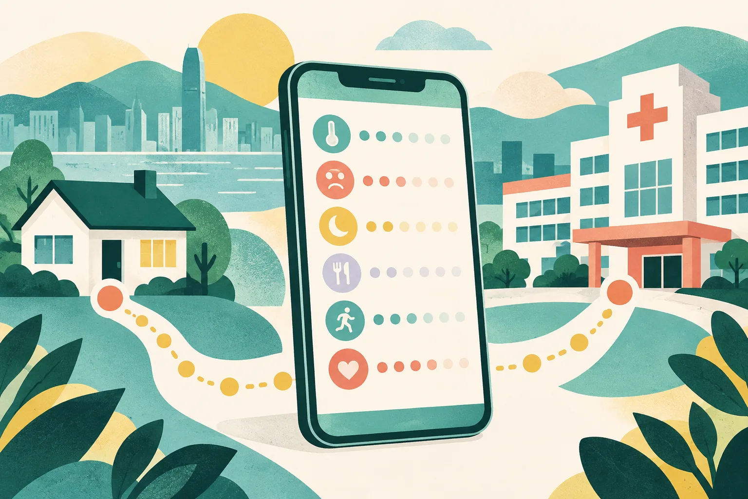 A smartphone with a simple weekly check-in pattern sits between a small home shape and a hospital form, linked by a dotted path in teal, coral, ochre, and cream.