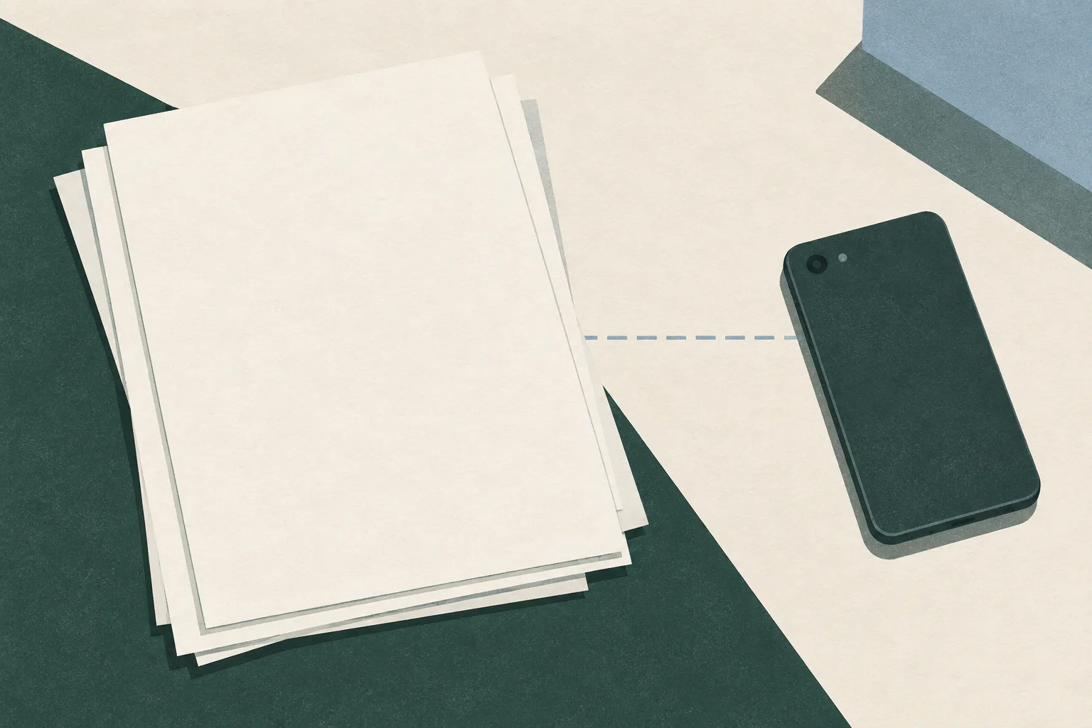 A few blank documents and a face-down mobile phone sit apart on a muted surface, with a fine interrupted line and a mineral-blue geometric block.