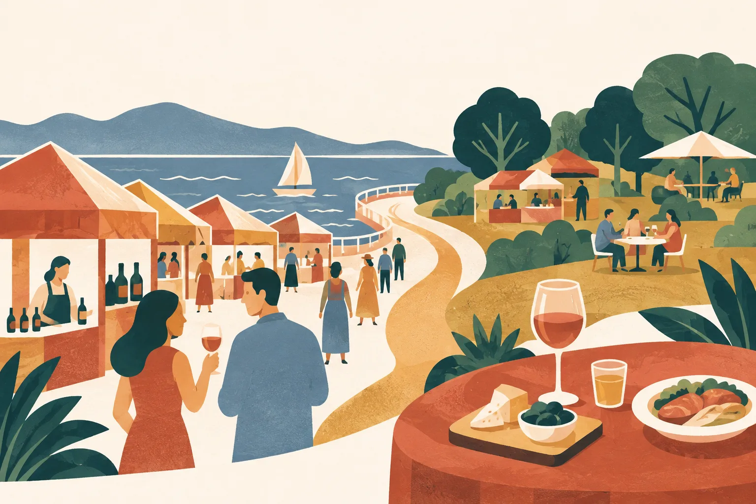 Layered terracotta and ochre shapes connect a generic waterfront event area with a green park space, dotted with simple stalls, a wine glass, tasting cup and food motifs.