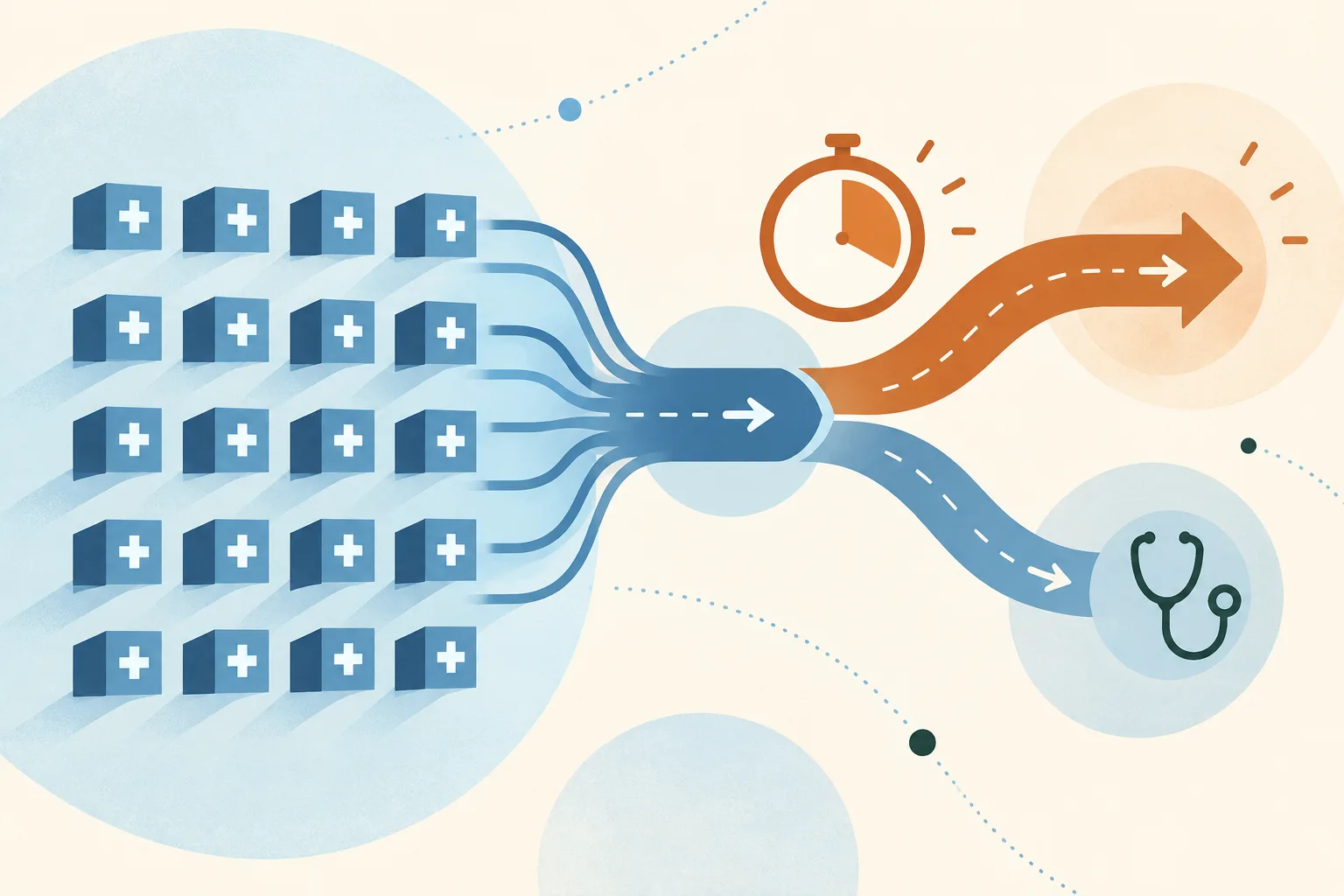 An abstract hospital-service diagram with eighteen small modular shapes beside two separate flow paths and a circular indicator, arranged on a light cream field in mineral blue, sky blue and a small copper accent.
