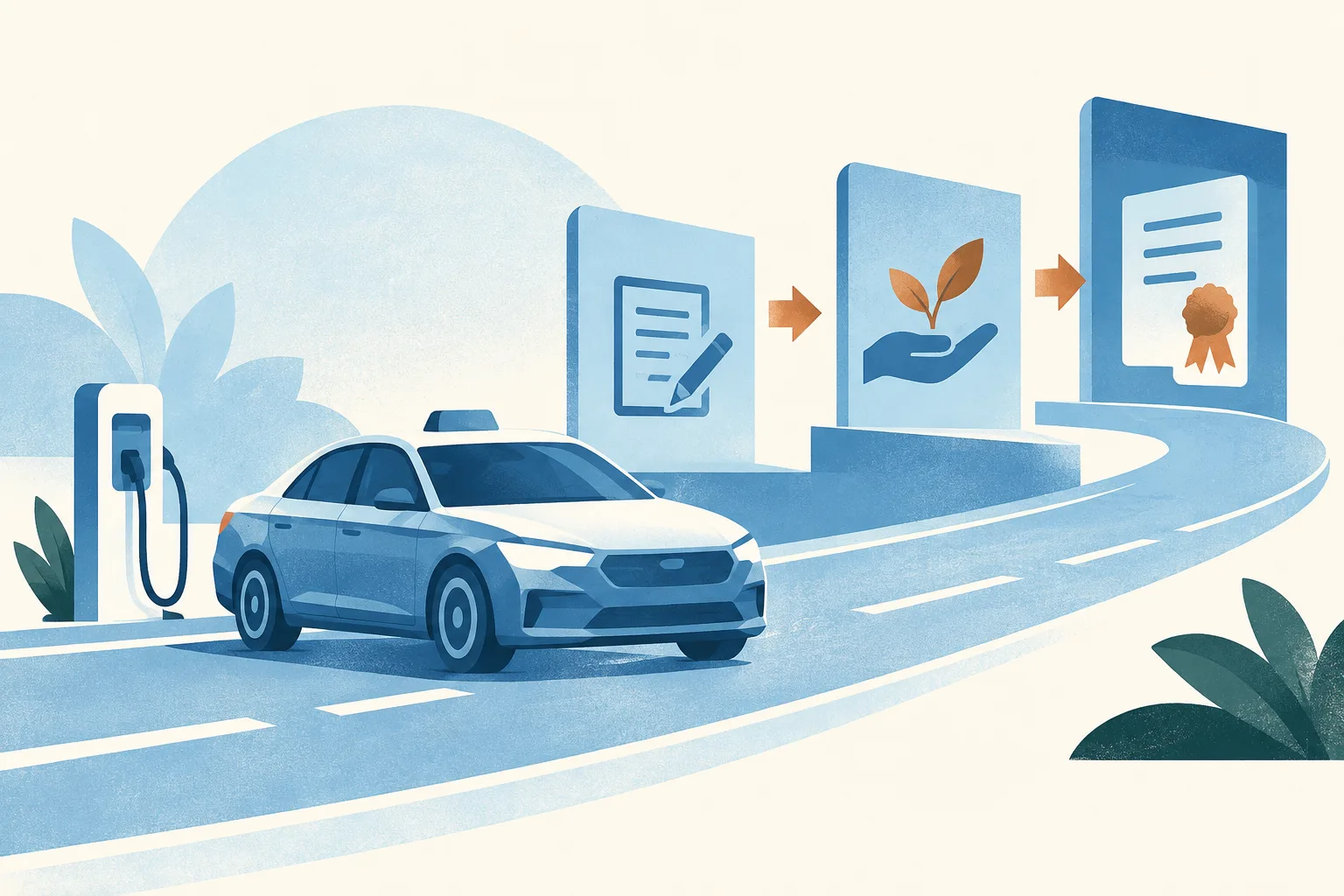 A generic electric taxi moves through abstract invitation, allocation and licensing stages beside a simple charging point, illustrated with light blue linework and cream planes.