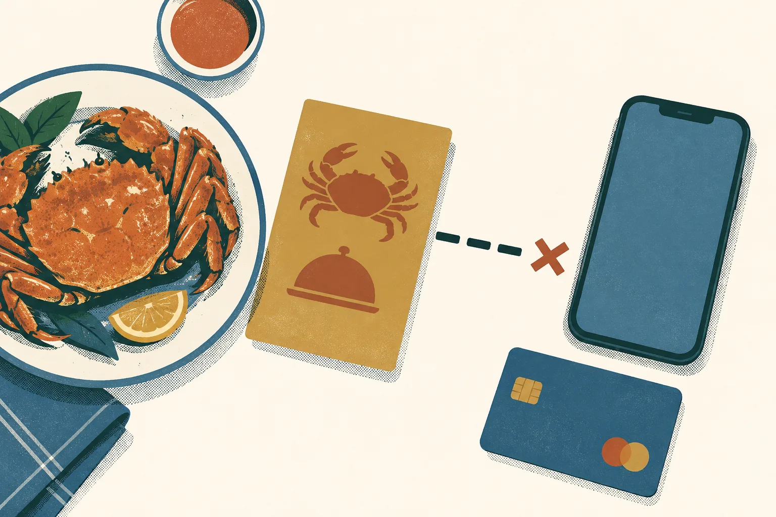 A blank offer card, generic phone and payment card sit beside a simple dining plate on a cream background; a dotted line stops short of the phone.
