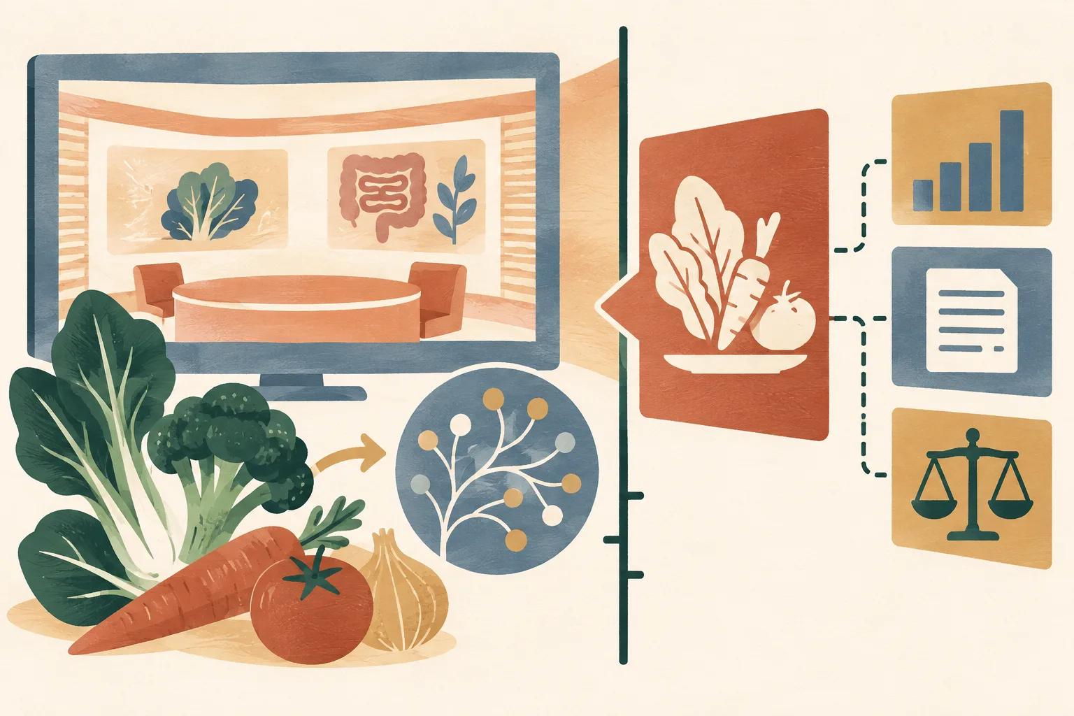 A generic broadcast panel sits beside cut-paper vegetable shapes and a fine branching fibre motif, with blank context panels separated by a clear boundary.