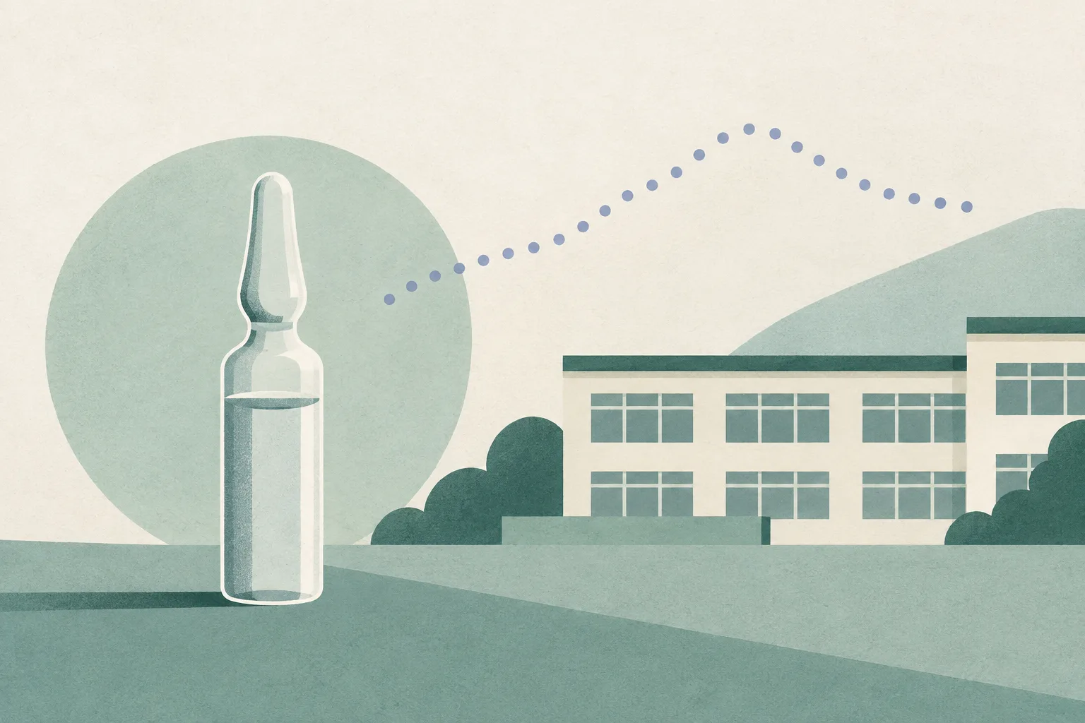 A small unmarked vaccine ampoule sits beside simple school-like window shapes and a short dotted line on a pale green and cream field.
