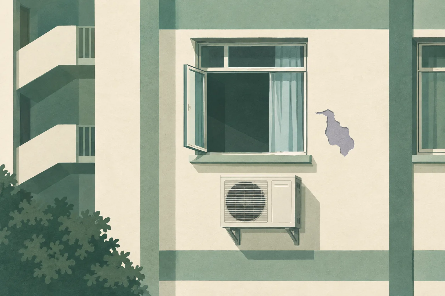 A subdued cut-paper elevation of a generic apartment facade, showing one open window above a separate exterior air-conditioning unit.