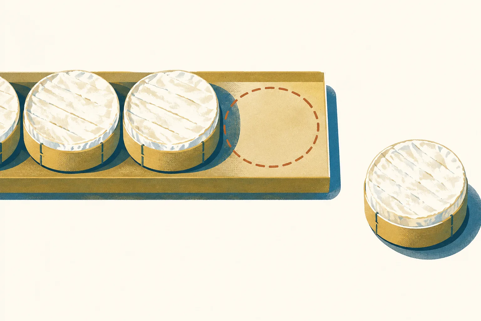 A generic cheese package sits apart from a neat row of similar goods, leaving a visible gap on a cream background.