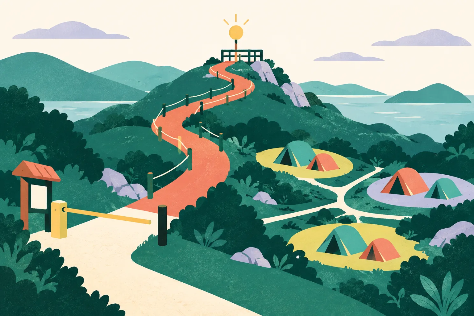 An abstract countryside access diagram with winding path bands leading to a lookout marker, a small booking symbol, and three clusters of simple tent shapes.
