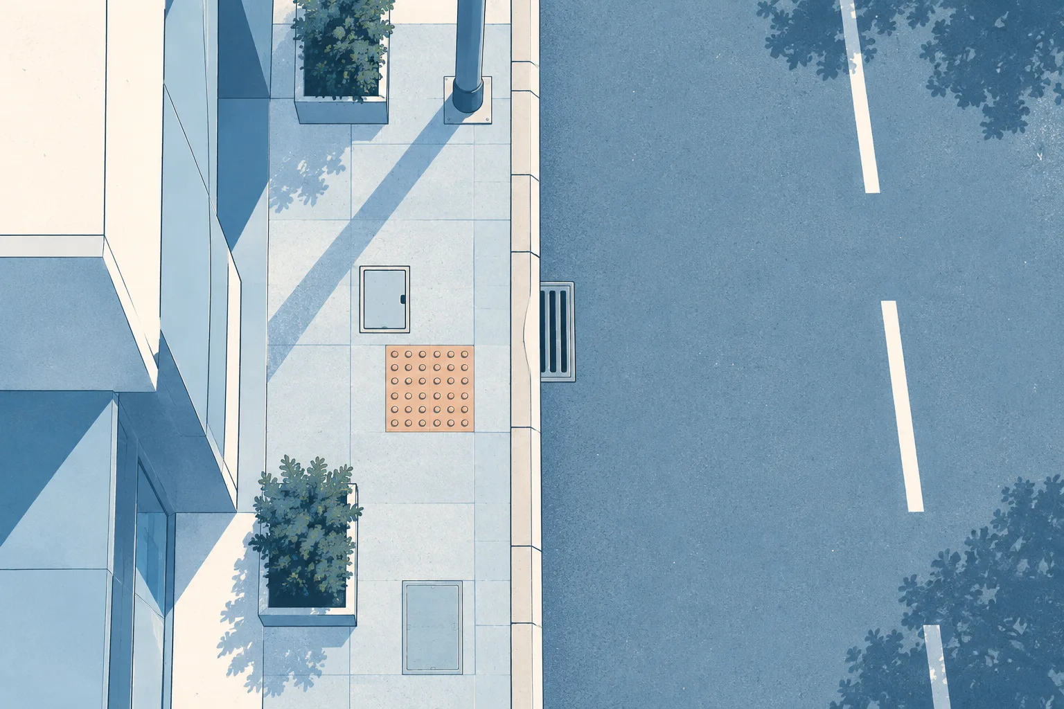An abstract plan of a narrow cream pavement beside a pale blue street, separated by a crisp curb line and framed with restrained architectural markings.