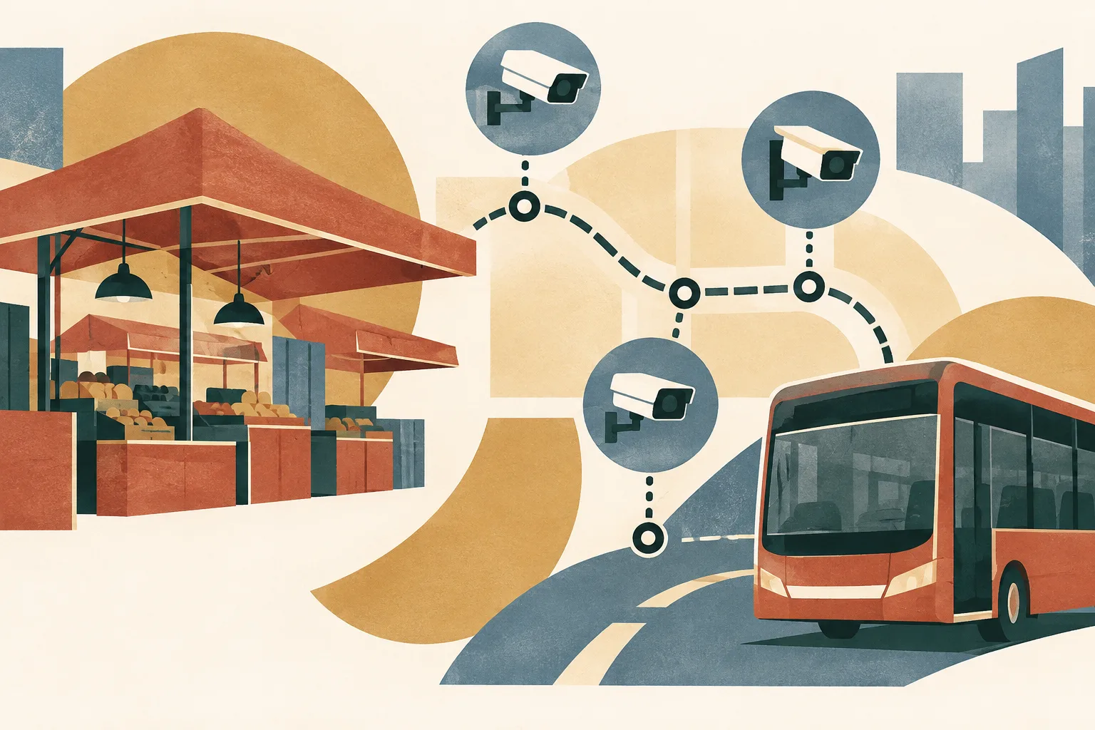 A terracotta-and-cream schematic links a simple market canopy to a small bus along a curved route, with camera-like circles and connecting marks.