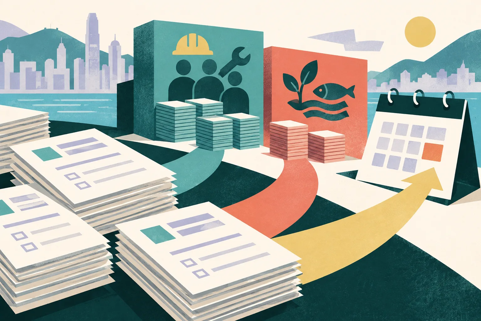 Layered paper forms sit beside grouped geometric blocks and a simple calendar shape, arranged in a bright cut-paper composition.