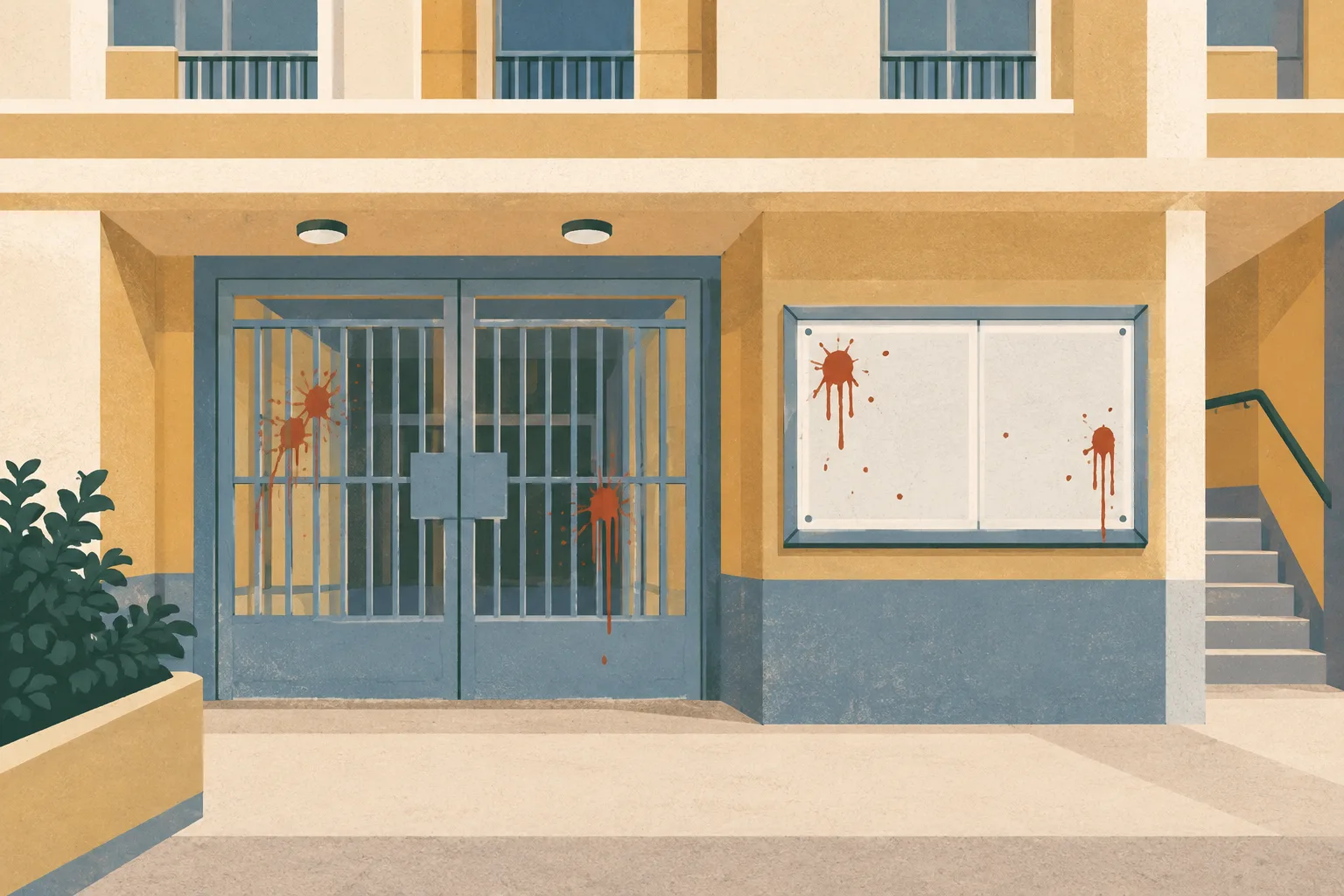 A simplified office entrance with a gate and blank noticeboard bearing a few muted terracotta paint marks, against a cream ground.