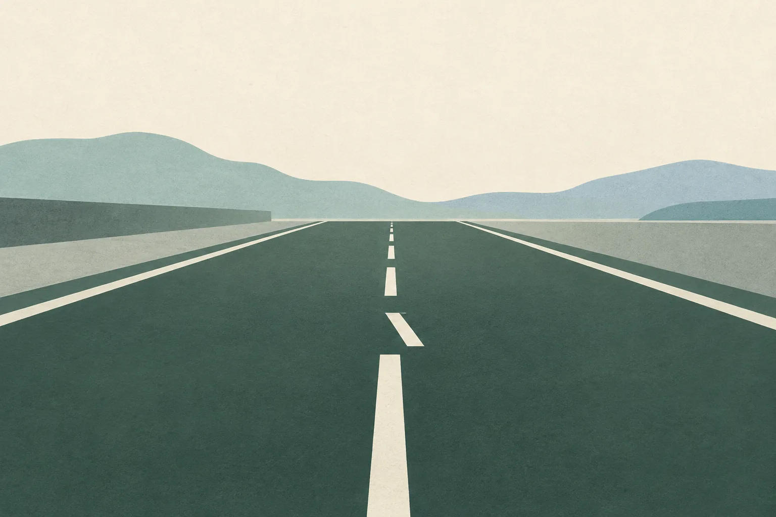 A sparse abstract illustration of an empty road formed from muted green and cream shapes, with a small break in its central line.