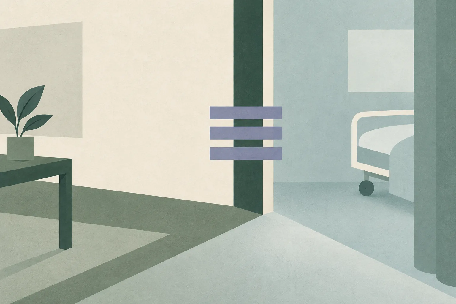 Muted green and cream geometric planes meet at a simple threshold, crossed by three understated horizontal bands.