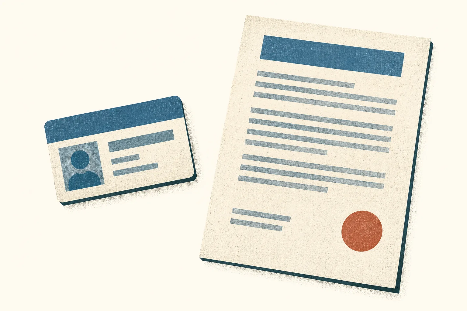 Two blank paper forms, one card-sized and one larger agreement sheet, sit apart on a cream surface with subtle blue and ochre screen-print texture.