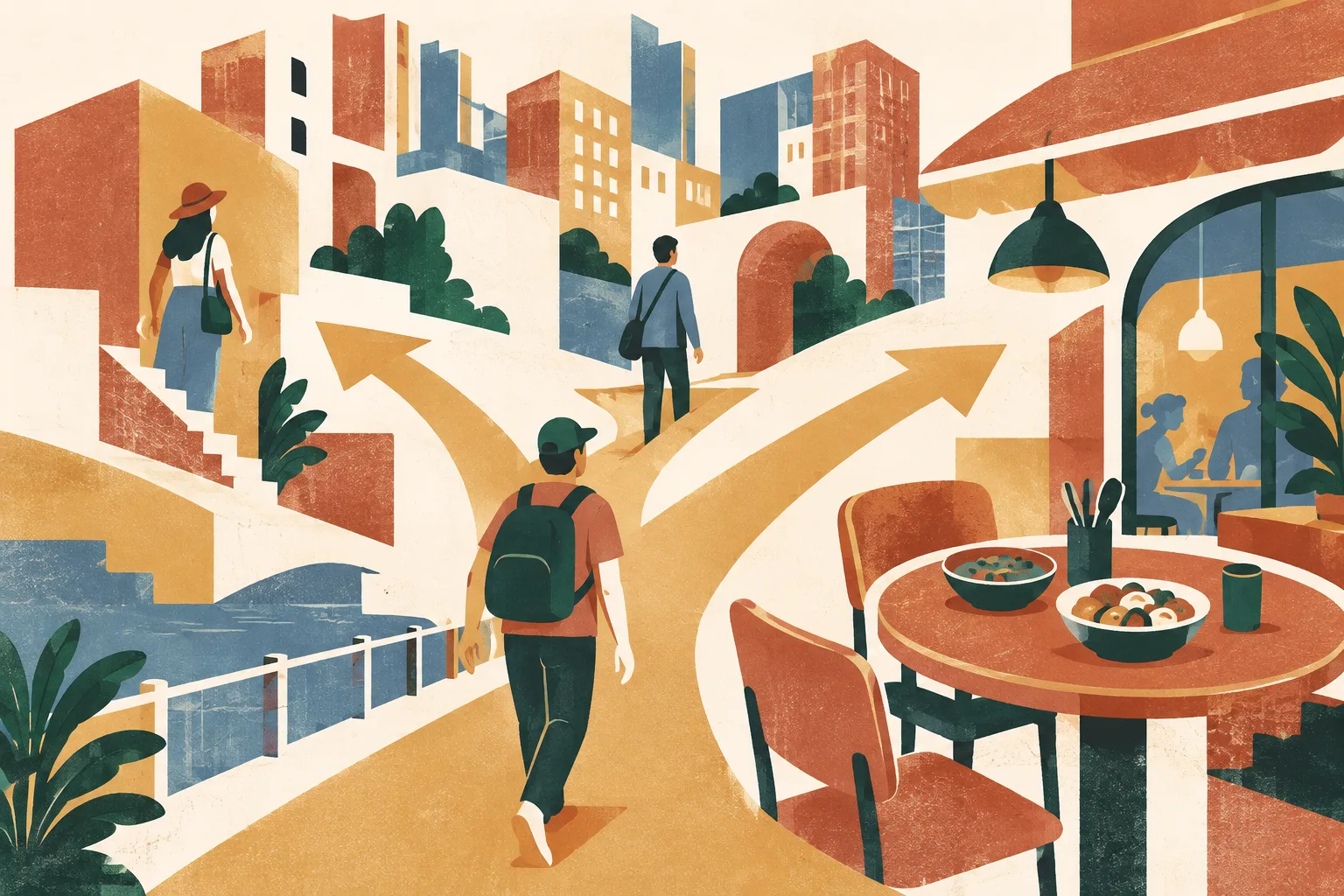 A cut-paper collage of generic city blocks, branching paths and a small dining table with bowls, set against a light cream background.