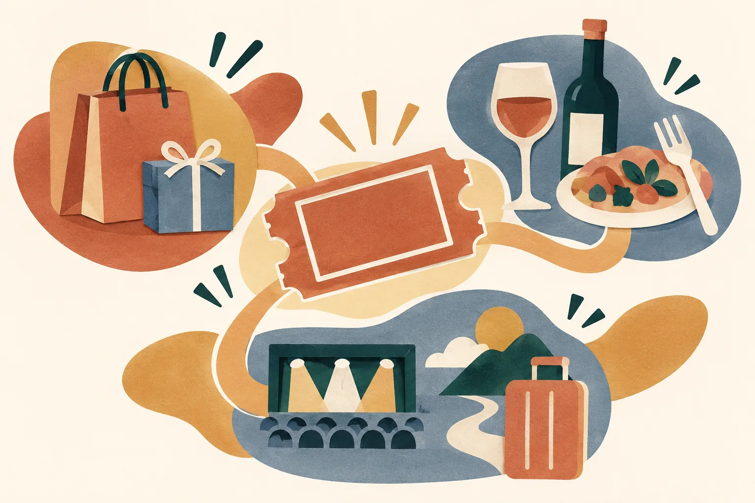 A terracotta ticket stub sits at the centre of a cut-paper diagram, connected by broad paths to simple shop, dining and event symbols on a cream background.