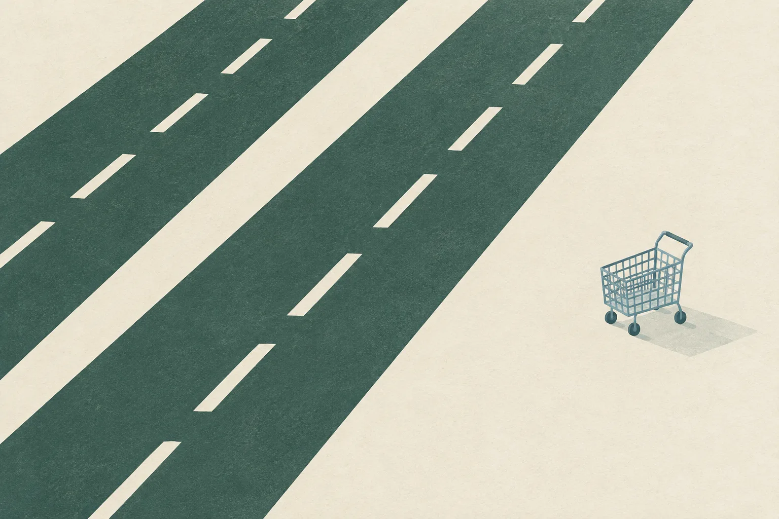 Abstract parallel road markings with a small empty trolley set apart beside a subtle break in one line.