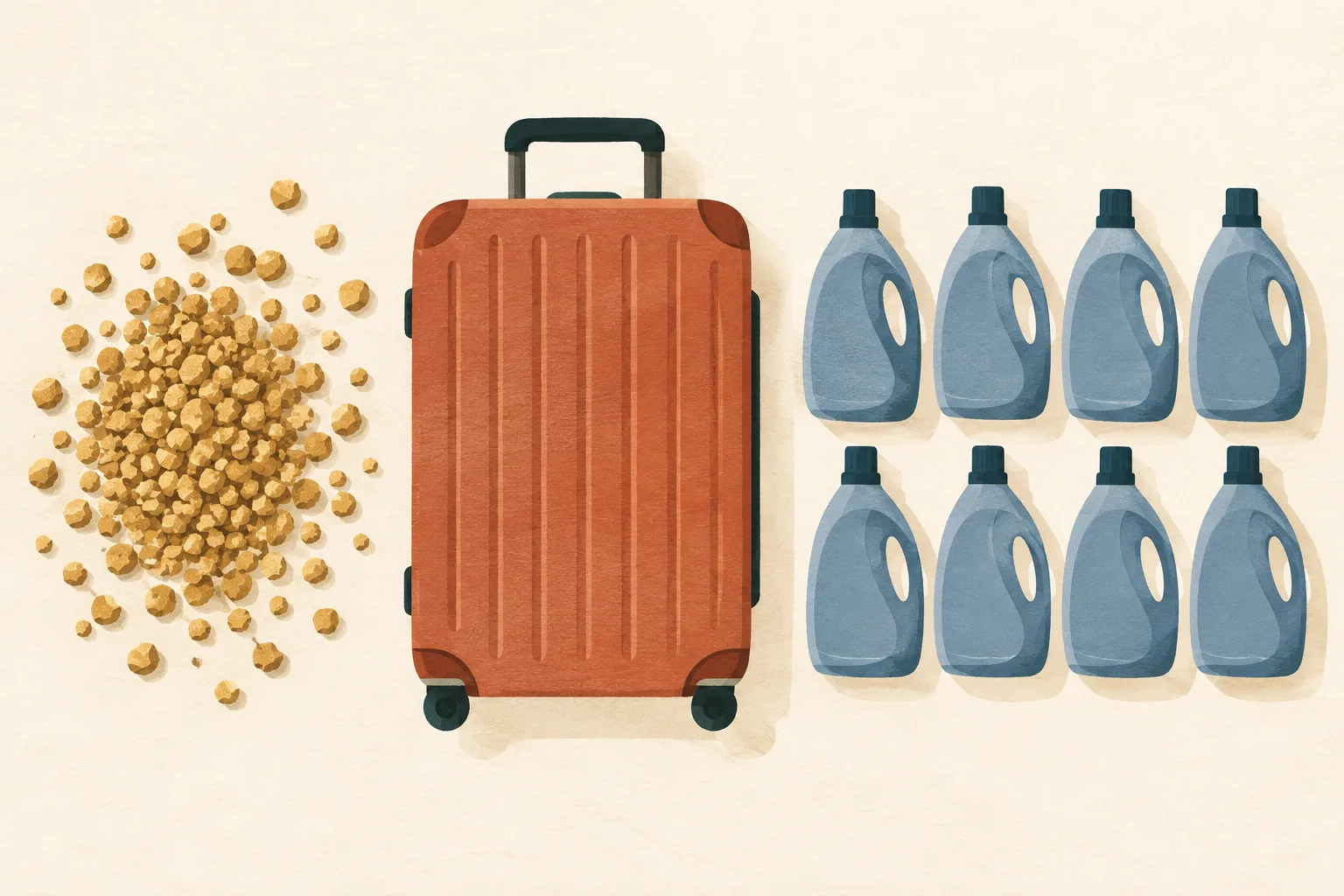 A simple suitcase outline sits between a small field of gold granules and eight plain bottle shapes on a cream ground.