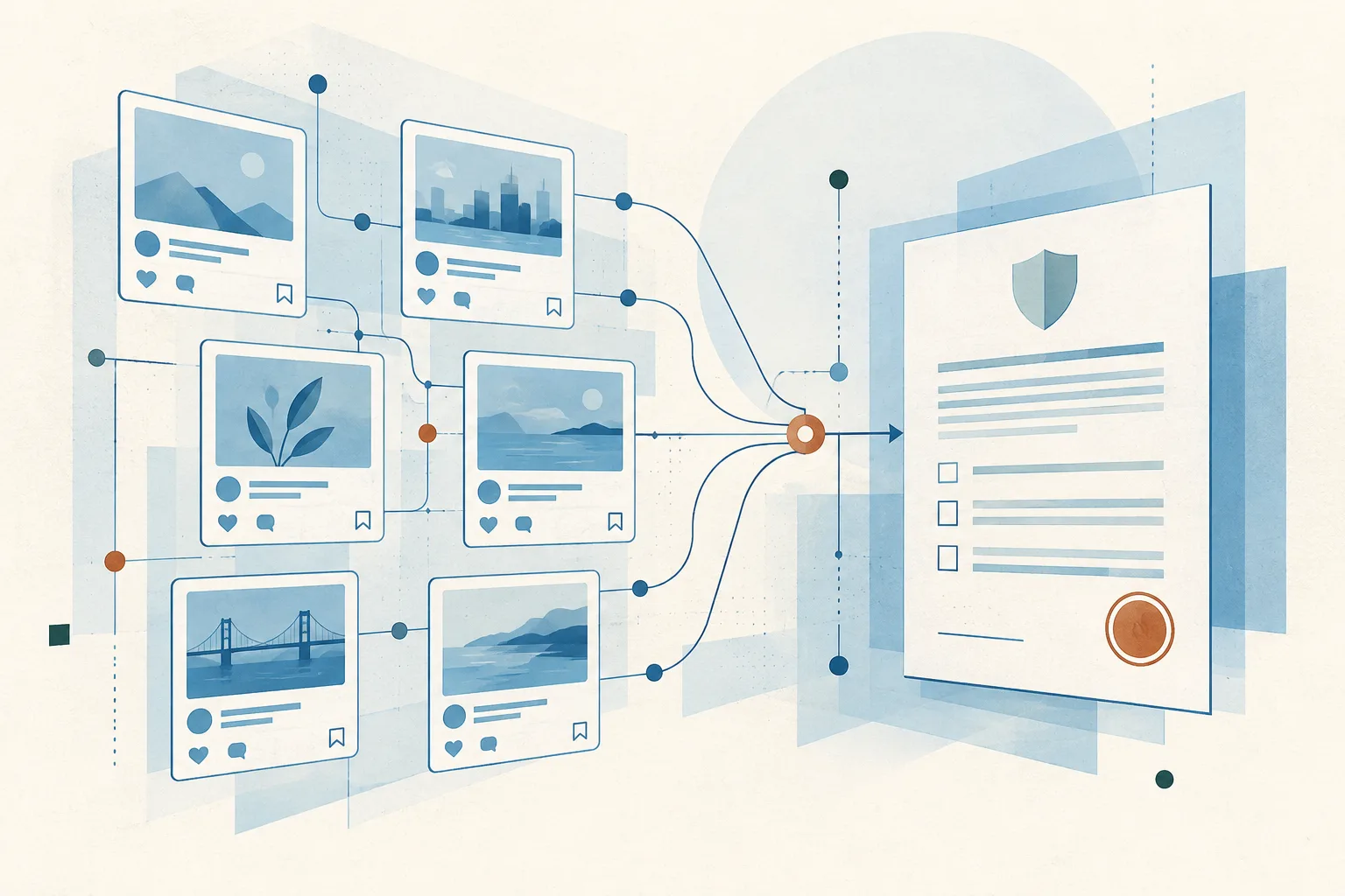 Unbranded social-media tiles and a simple insurance form arranged as a clean abstract diagram, joined by fine blue lines on a light background.