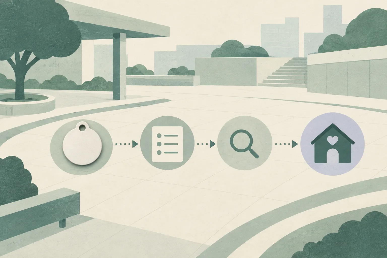 An abstract arrangement of empty public-space shapes connected to a blank identification disc and a simple sequence of assessment and referral forms.