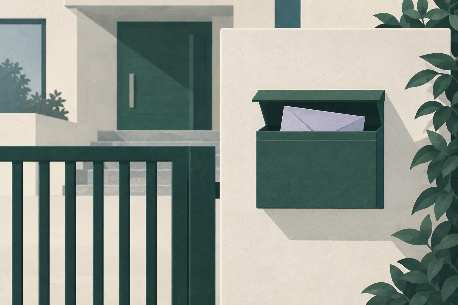 A simple mailbox set into an abstract residential wall, with a closed, unmarked envelope and generous pale space around it.
