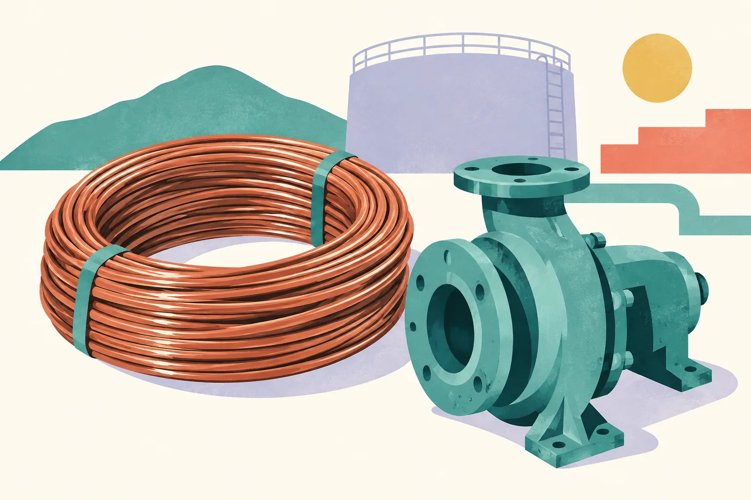 A copper wire coil and a simplified pump component sit on a pale ground beside understated geometric shapes suggesting inactive infrastructure.