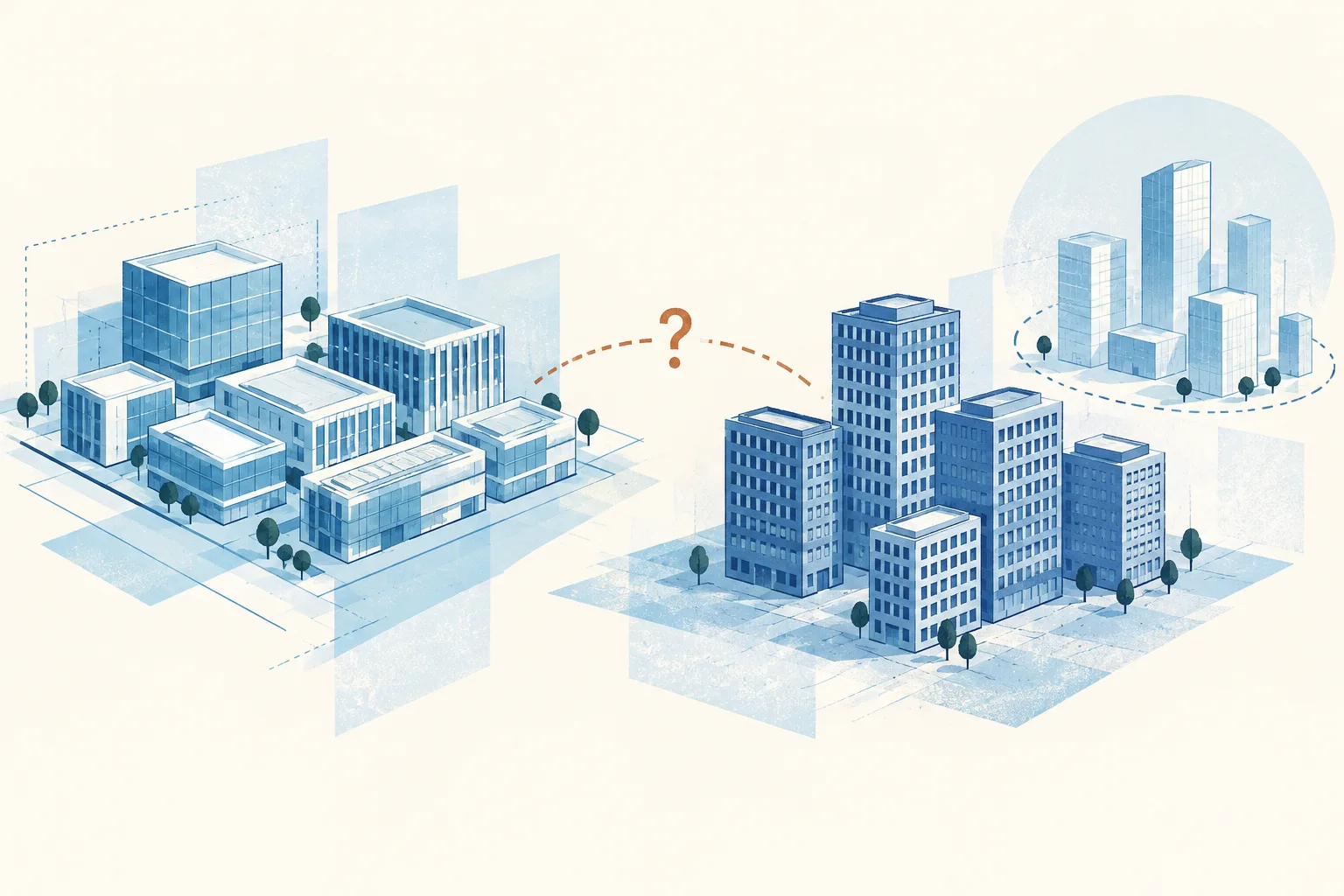 A light-blue architectural diagram contrasts a gridded cluster of planned innovation-space blocks with generic office forms marked by open window grids. A fine broken line between the separate groups suggests a question of possible impact.