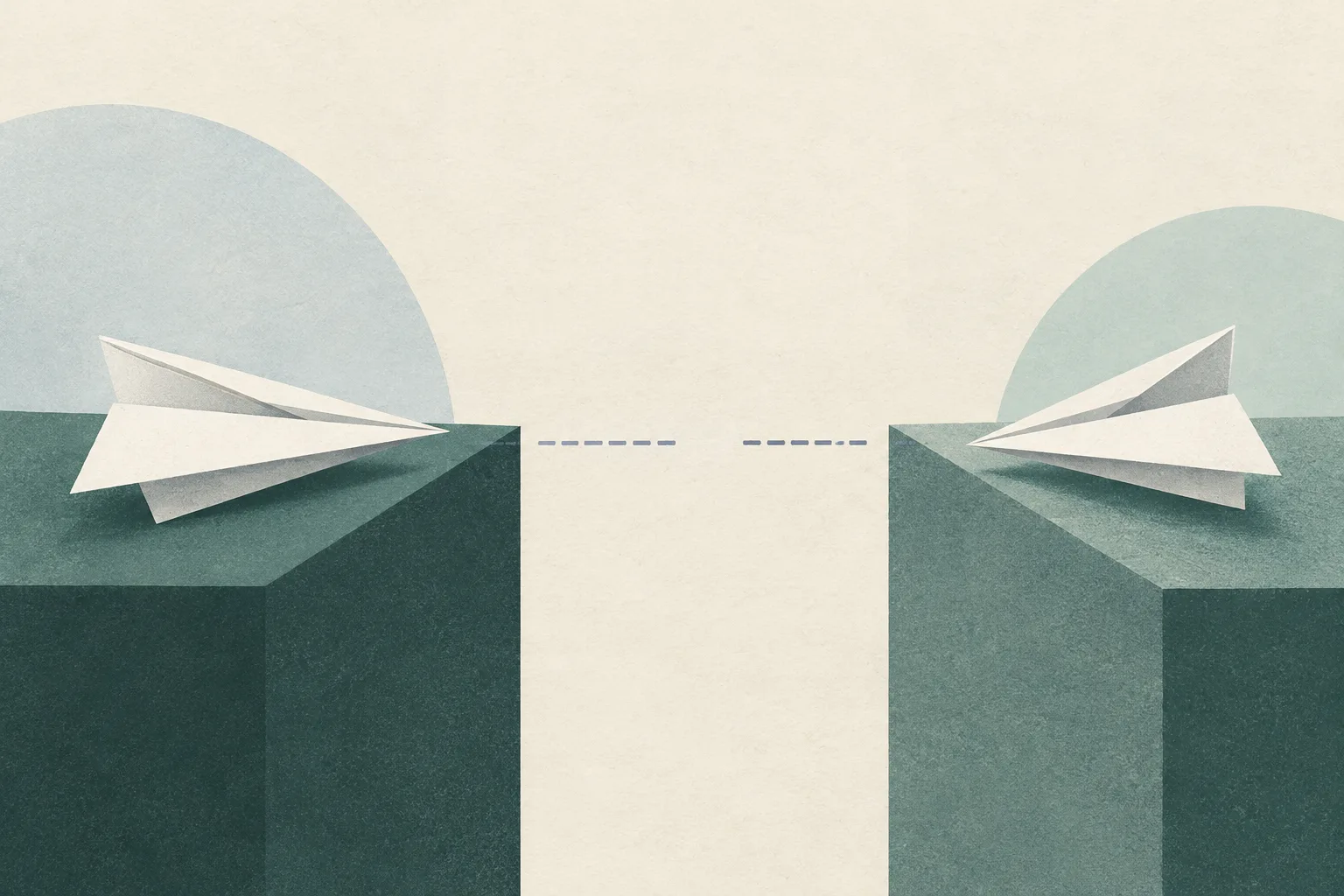 Two unmarked paper forms sit apart on a muted cream field, linked by a fine line that stops short of joining them.