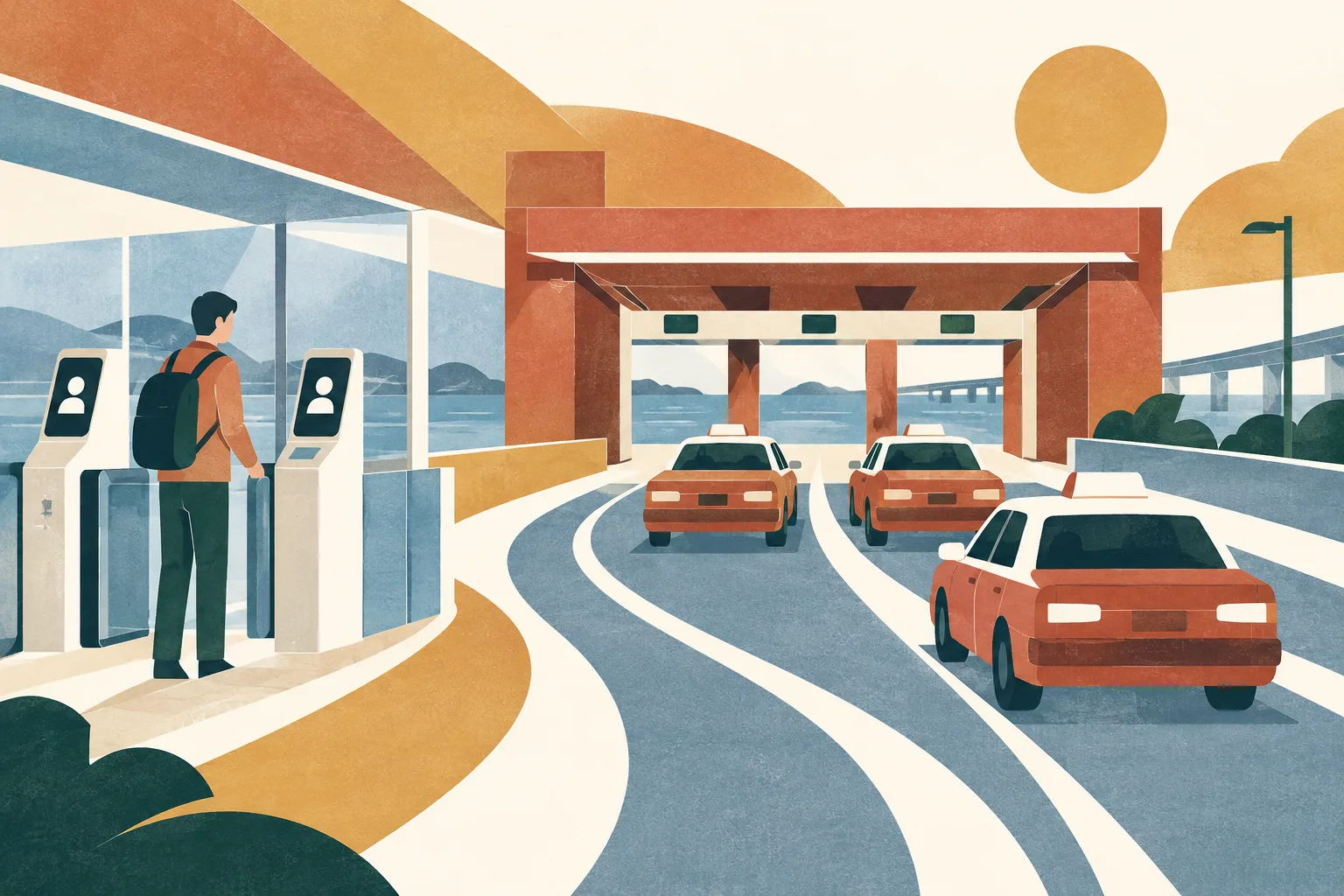 Layered terracotta and ochre shapes form a generic port gateway, with a simple self-service channel icon and small taxi shapes arranged along sweeping route lines.