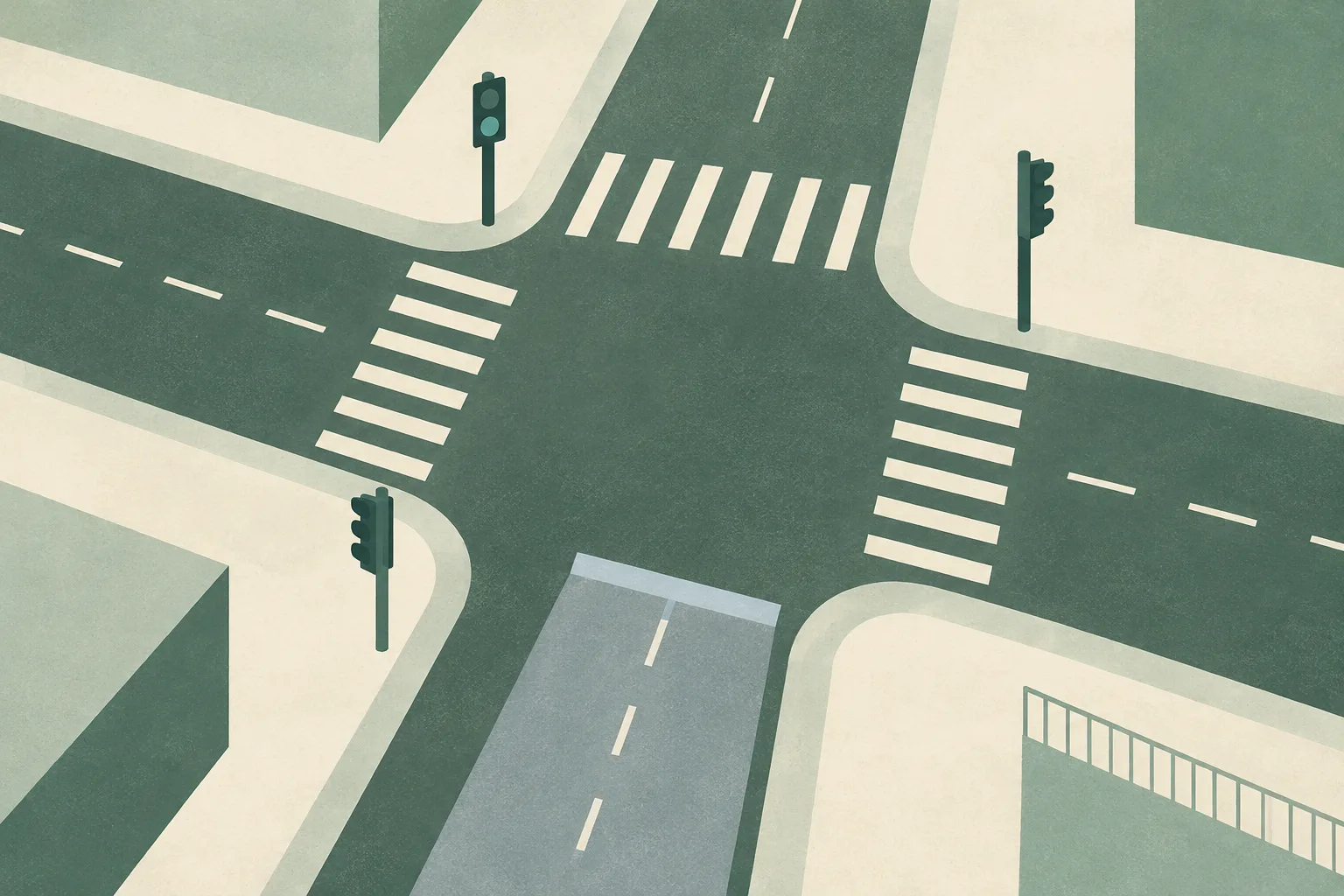 A minimal abstract street junction with pale crosswalk bars, intersecting muted road planes, and a small traffic-light shape.