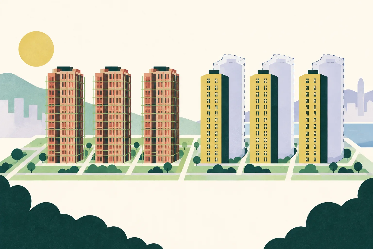 Six simplified housing-block forms sit on a shared planning grid, arranged in two groups of three. Fine overlay lines mark one group, while paired solid and outlined paper shapes beside the other suggest a planned rebuild.