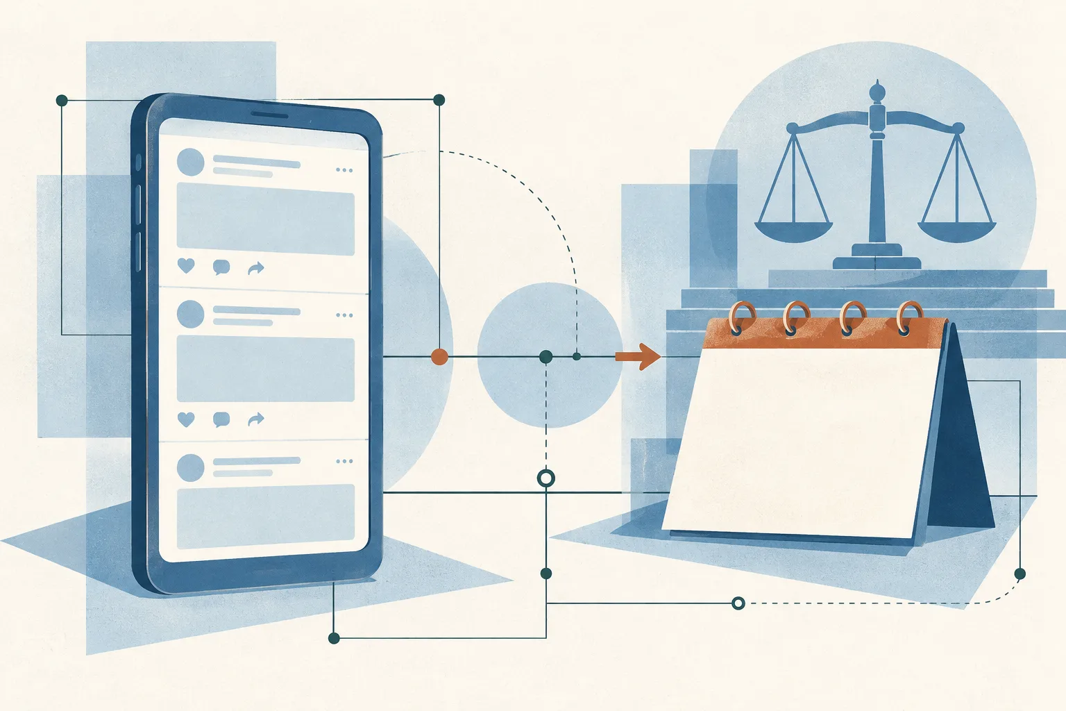A blank digital panel and an unmarked court-date card are linked by fine blue lines in an abstract civic diagram.
