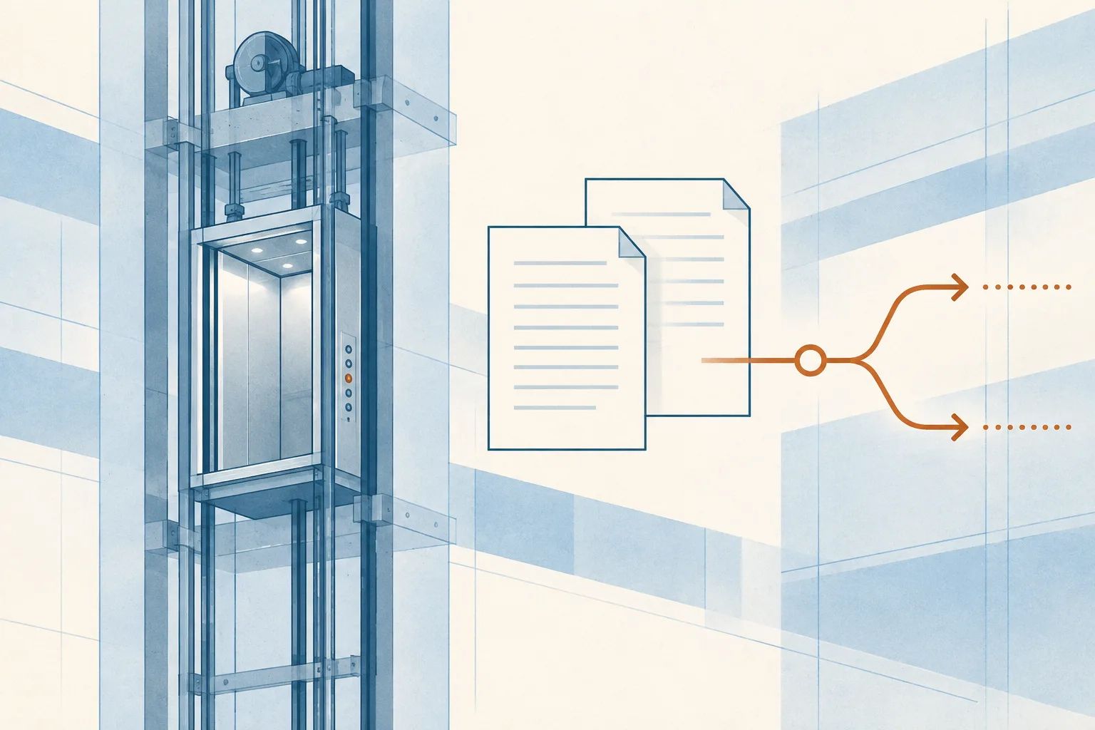 A simple blue lift-shaft diagram sits beside two blank document shapes, with a branching line left open to suggest an ongoing review.