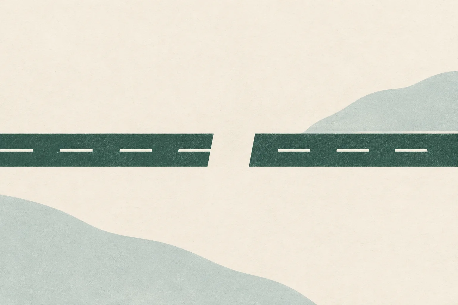 A muted teal line crosses a cream field and stops at a small gap.