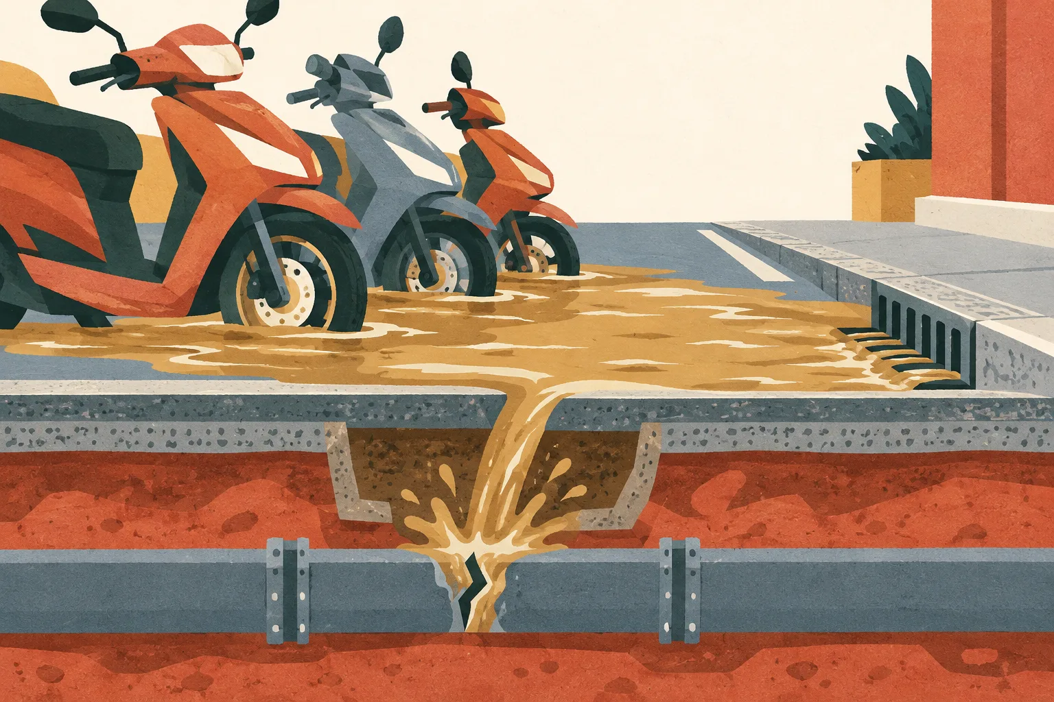 A layered cutaway of a generic street shows a broken underground pipe sending muddy water around the wheels of parked motorcycles and toward a roadside drain.