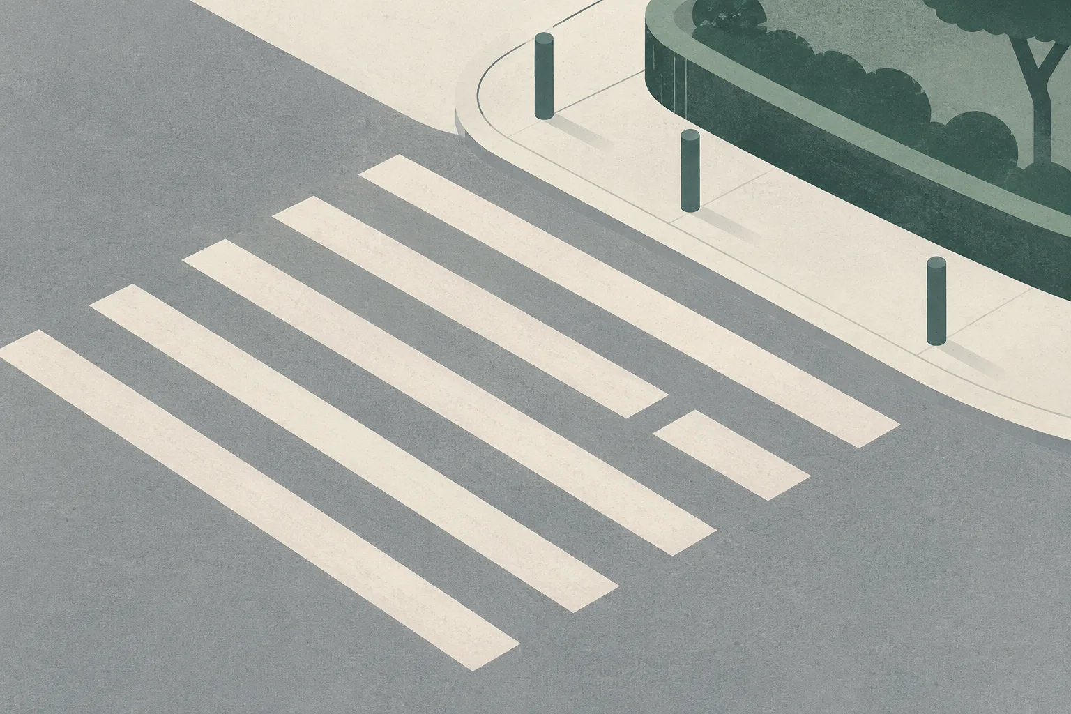 An abstract pedestrian crossing beside a simple park-edge shape, with a small gap in one crossing band.