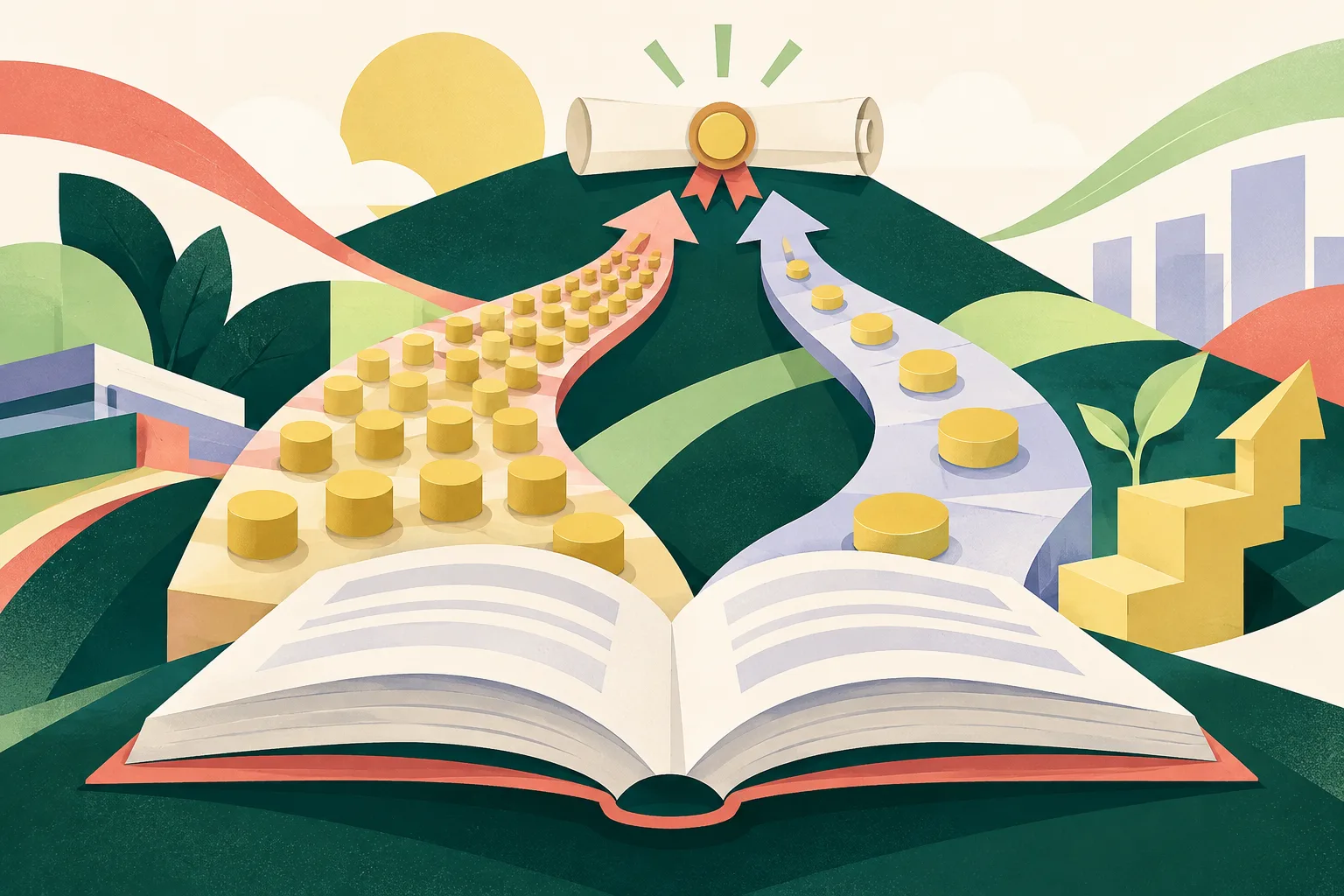 An open book sits beneath two colorful modular paper paths that branch apart and lead toward a graduation scroll.