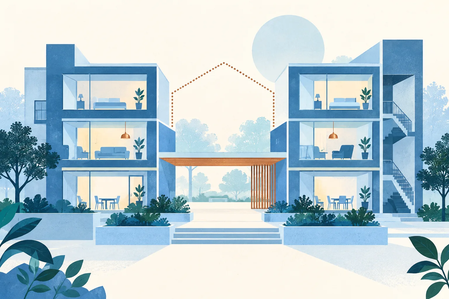 Two simple residential forms meet at an open shared threshold, with a dotted outline suggesting a possible connection between them. Light blue architectural lines and cream planes sit against an open background.