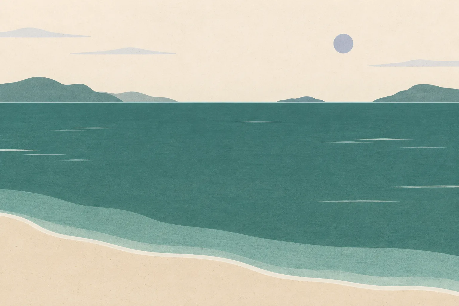 A minimal illustration of a pale shoreline beside broad, muted teal bands of open water, separated by a simple interval.