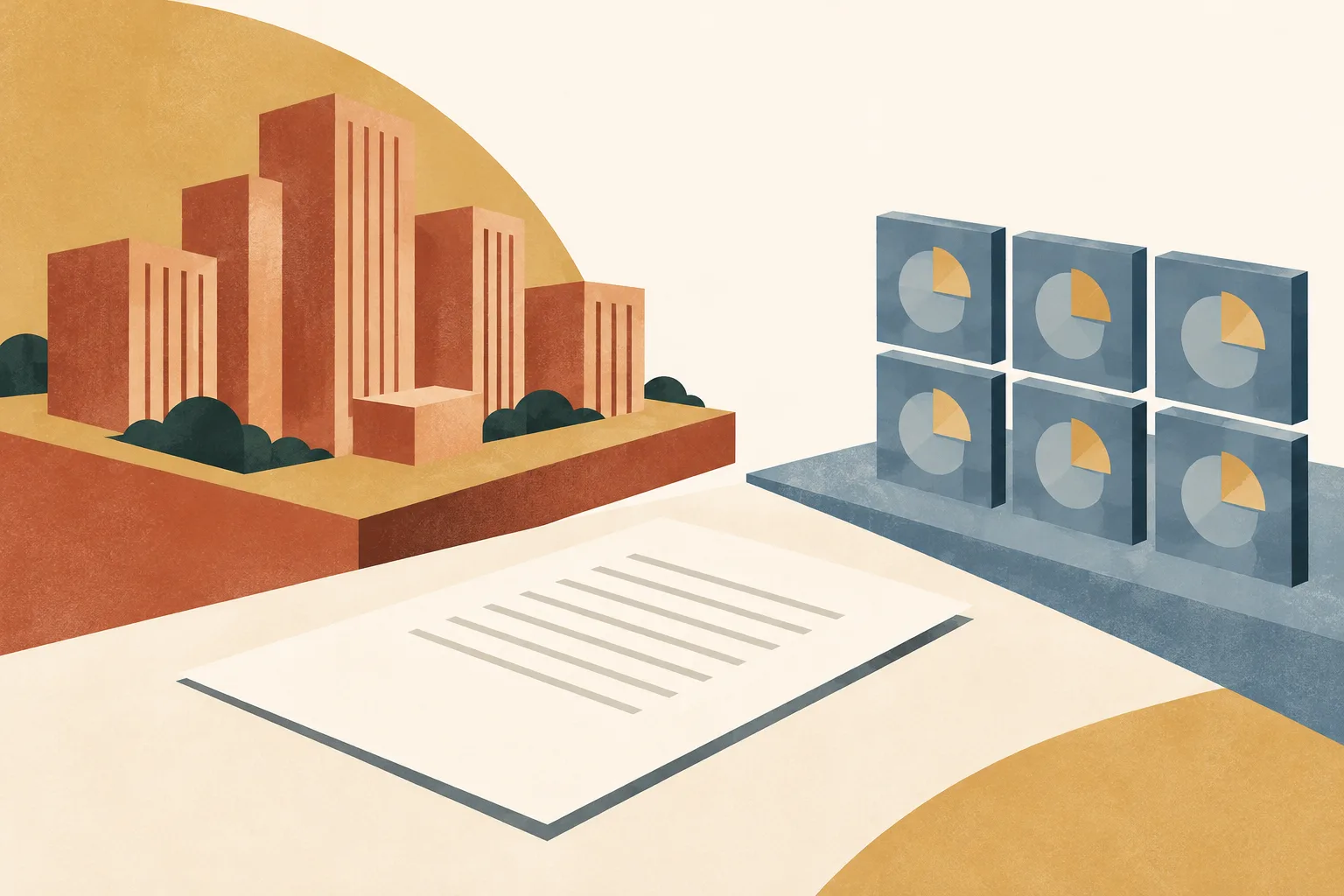 An abstract property form and a separate grid of equity tiles sit apart above a plain document shape, in terracotta, ochre, cream and slate blue.