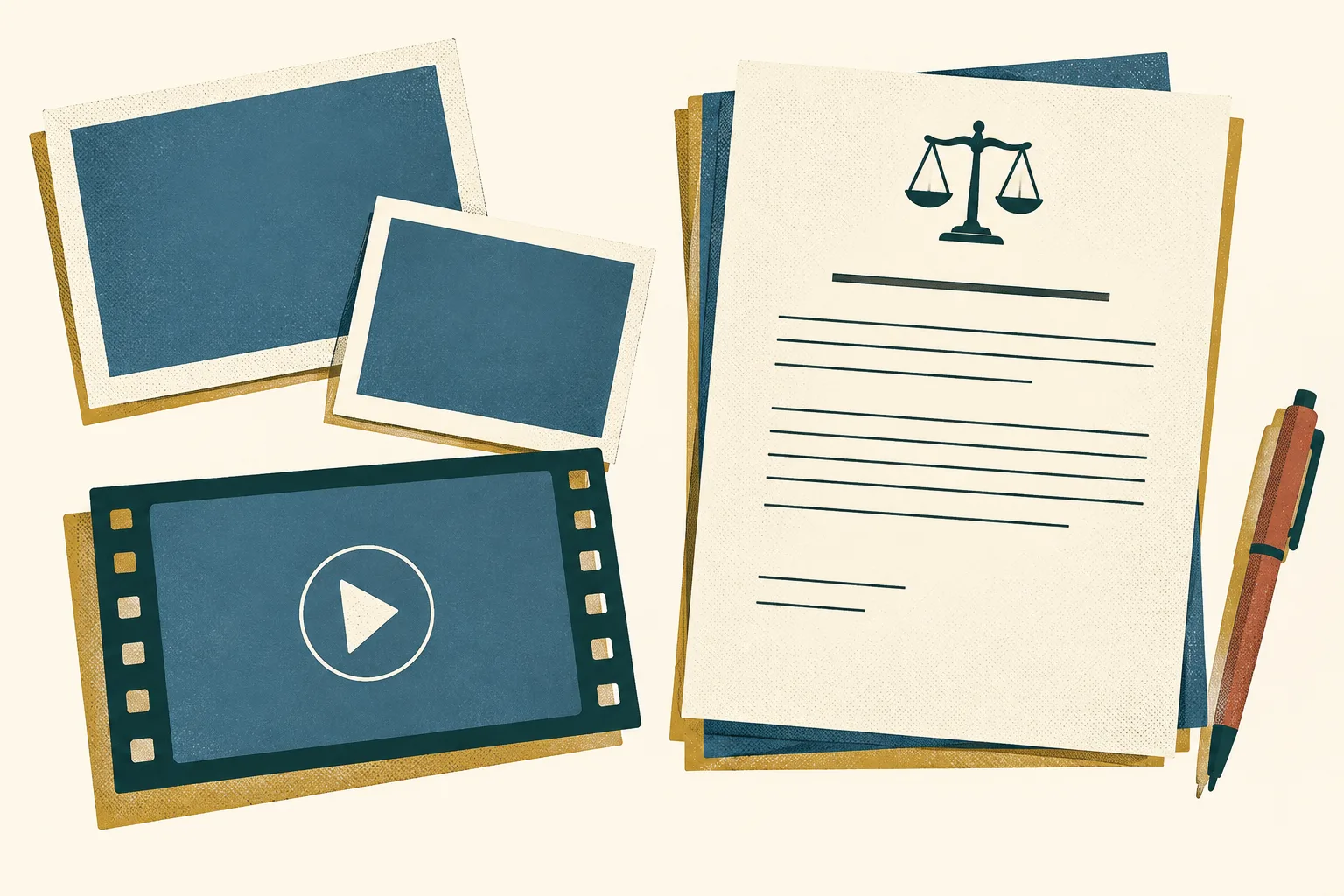 Blank photo and video frames sit beside an unmarked court document on a cream surface, arranged in a calm, balanced composition.