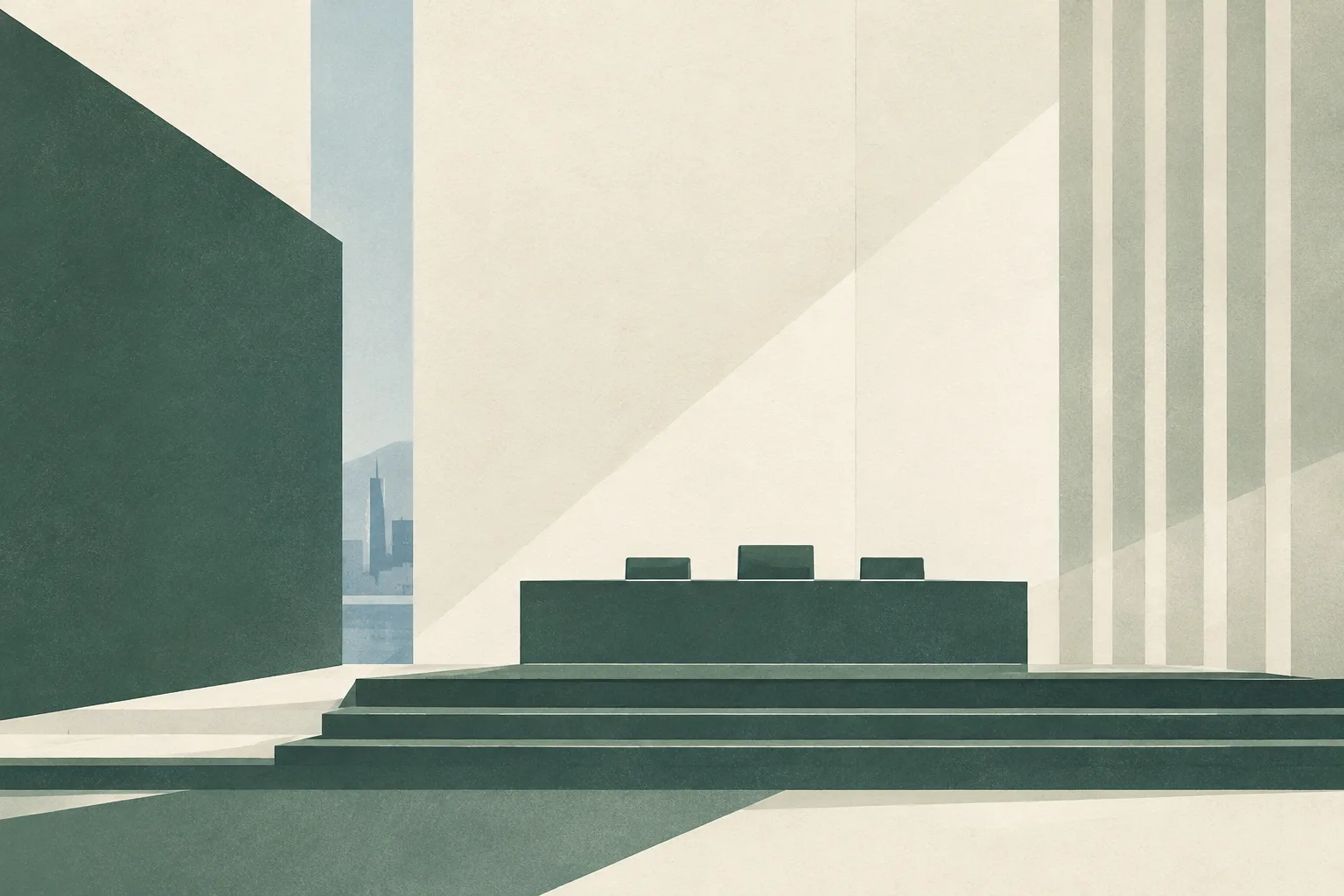 Muted green and cream geometric planes form a quiet abstract space, separated by a narrow gap above a simple horizontal base.