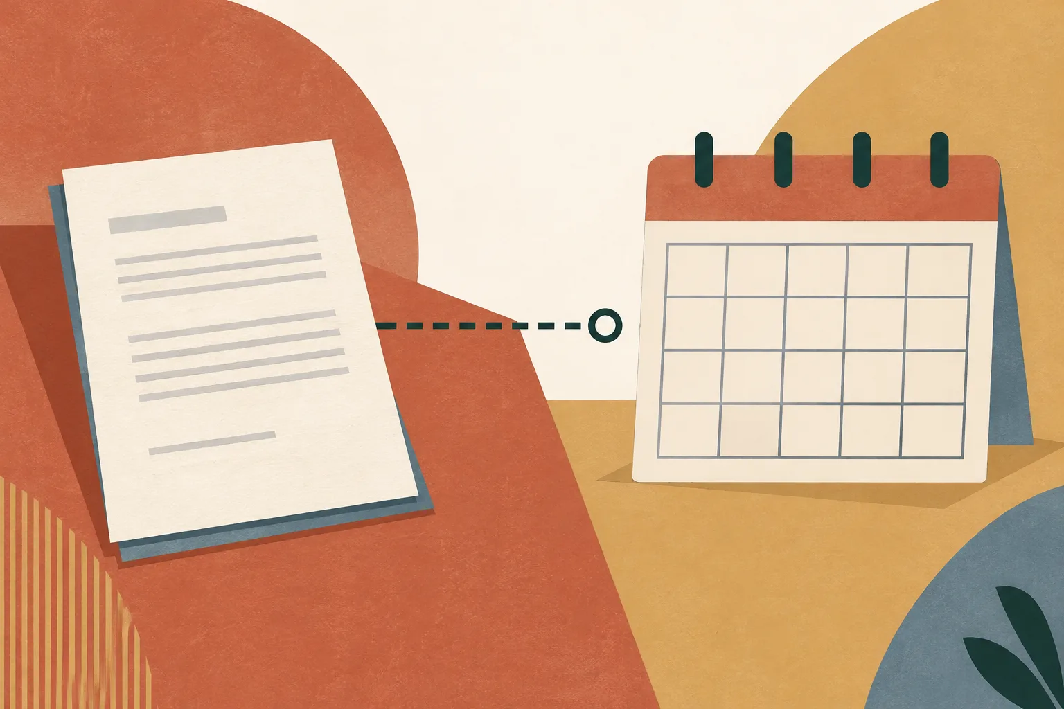 A plain document sheet sits beside an empty calendar grid, connected by a simple line that stops before the grid.