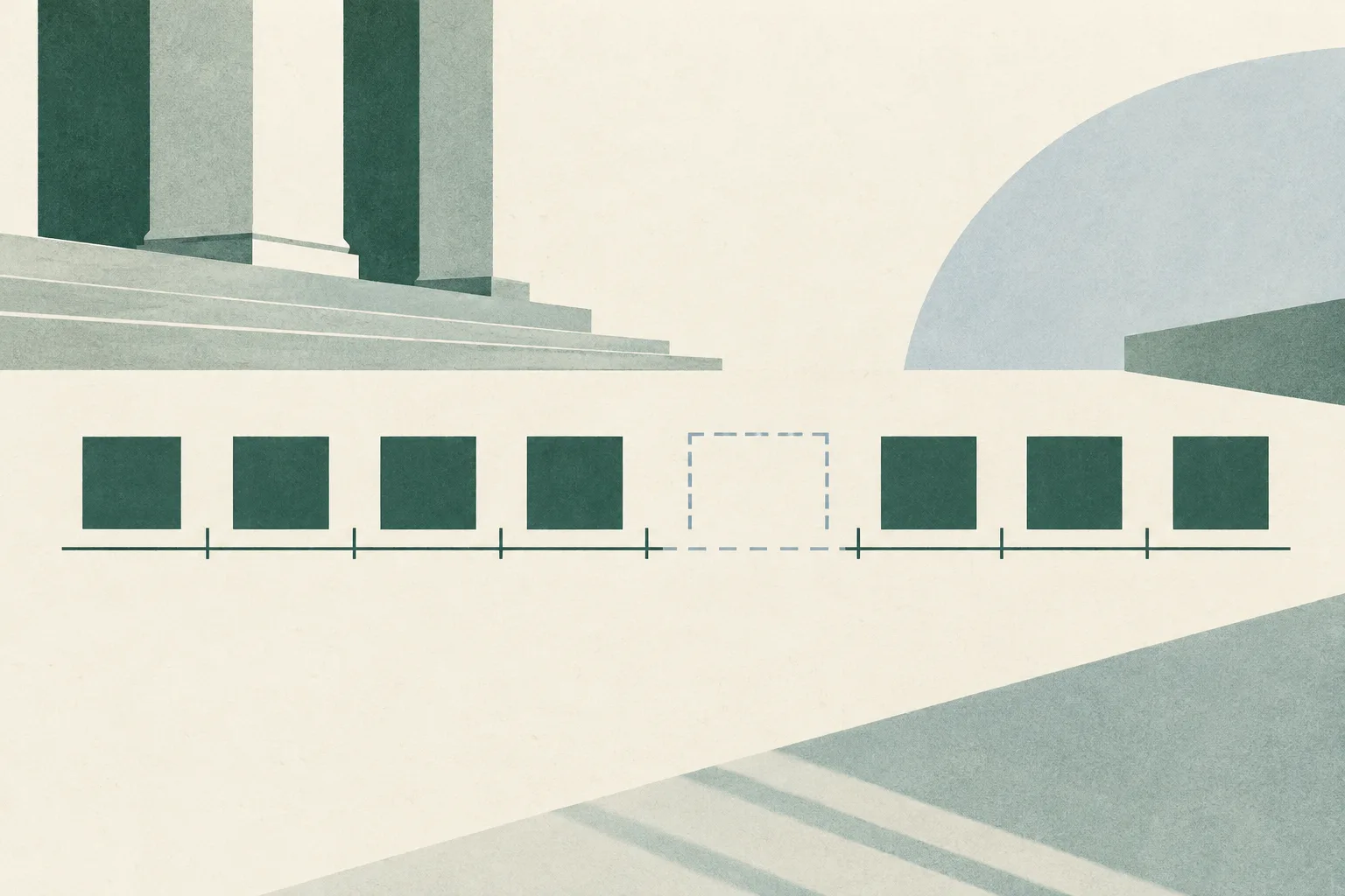 Muted green and cream abstract lines form a simple hearing schedule, interrupted by a blank gap.