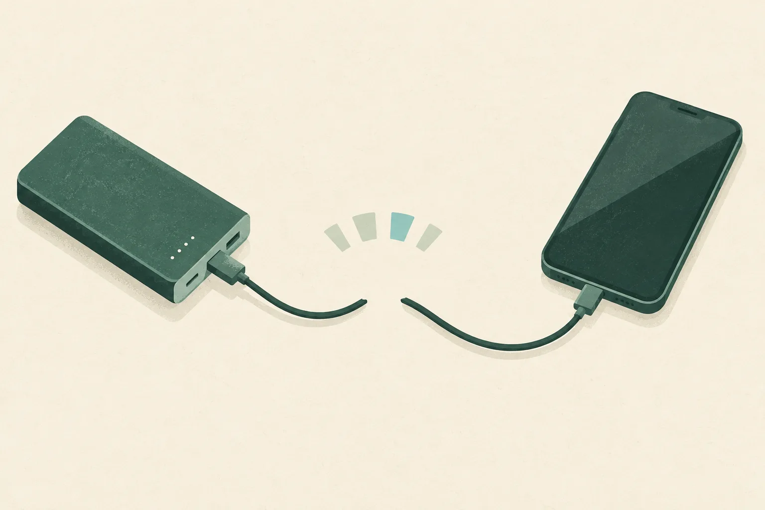 A generic portable charger and phone rest apart on a cream surface, beside a fine interrupted cable line and a small muted charge-range arc.