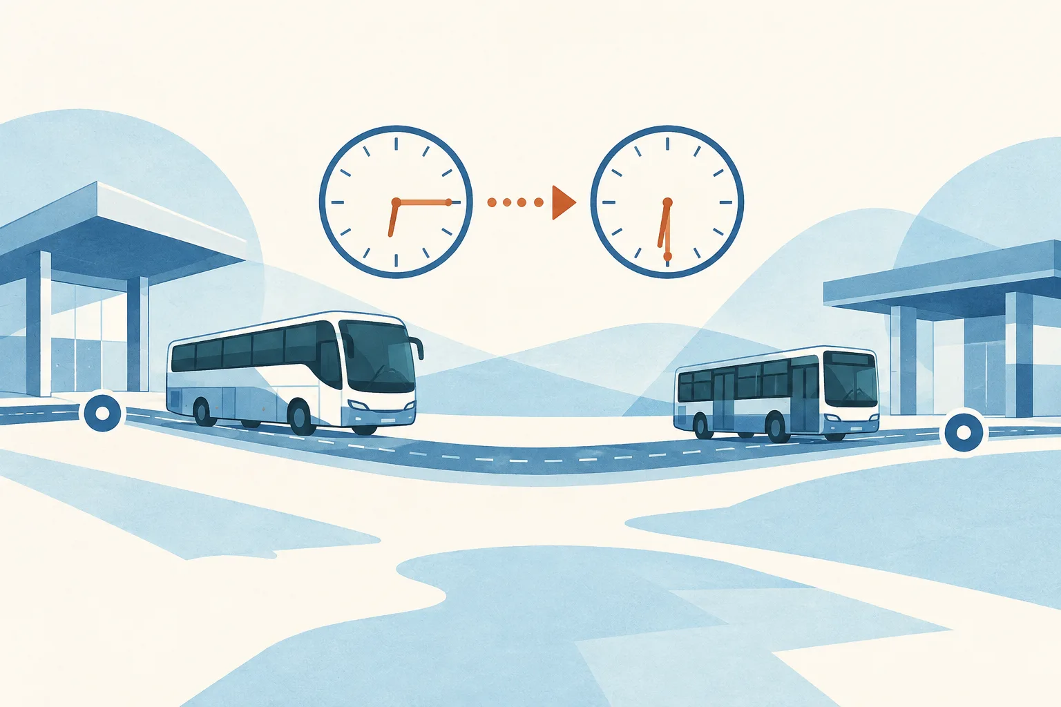 A generic shuttle and a second bus sit on an abstract route between two simple gateways. Two clock faces suggest a short interval between the shuttle’s final departure and the opening of a new crossing.