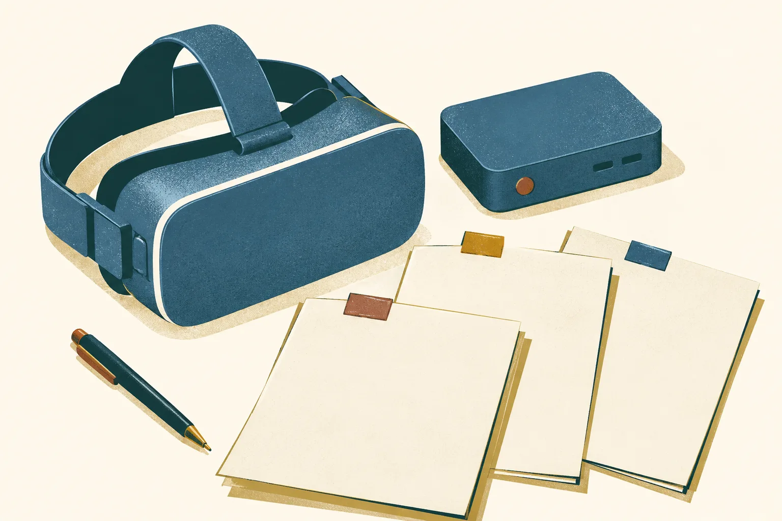 A generic VR headset and software device sit beside several blank quotation sheets on a light cream surface, arranged in a balanced still life with mineral-blue, ochre and small rust accents.
