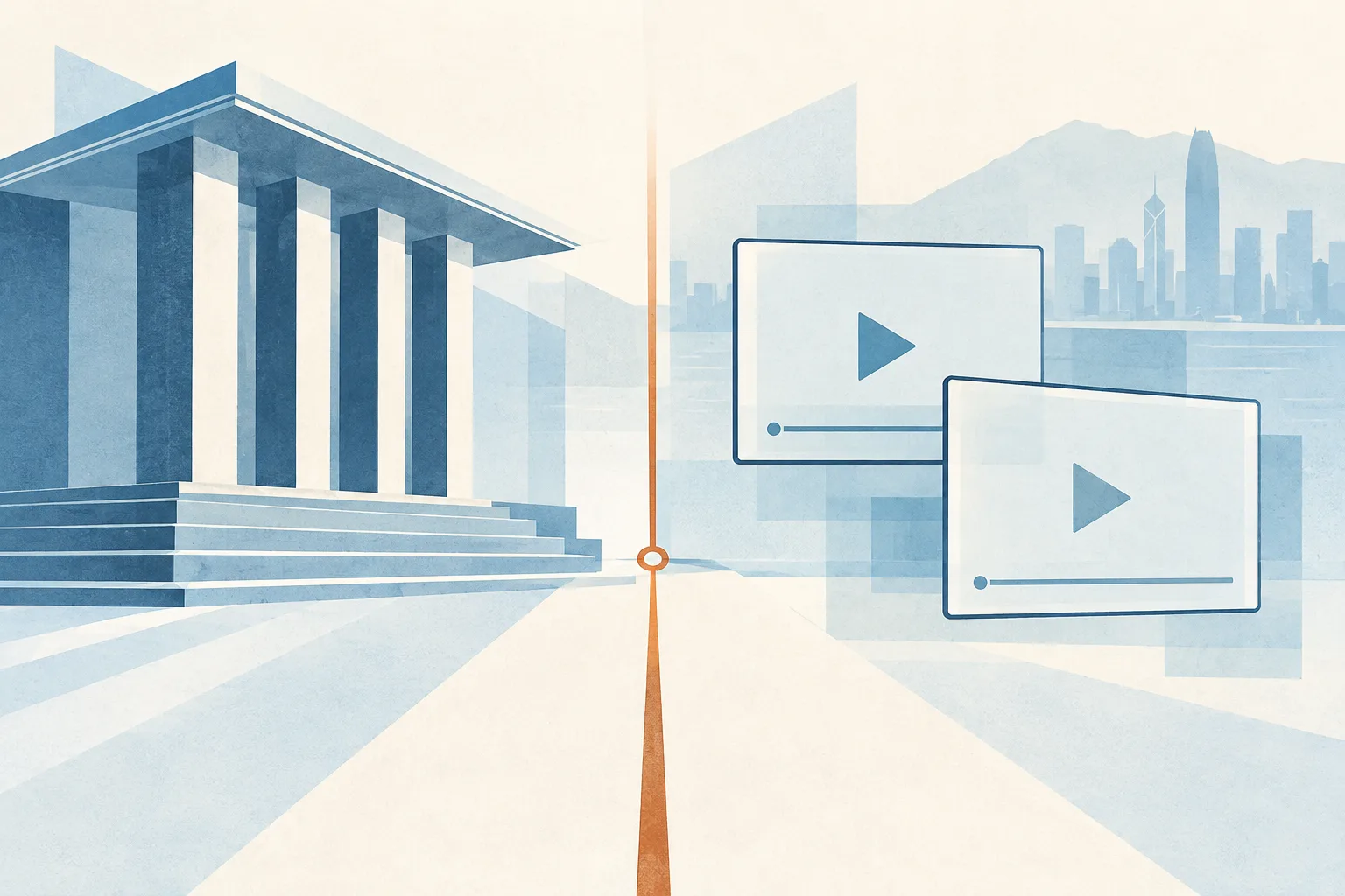 An abstract civic-process composition with a simple architectural threshold and two blank rectangular panels separated by a fine line, in mineral blue, cream, and a small copper accent.